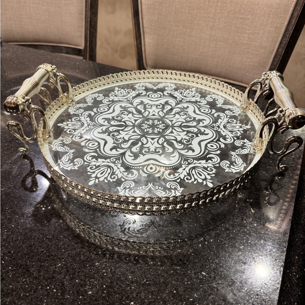 Ornate Glass and Silver Serving Tray - Decorative Home Accent